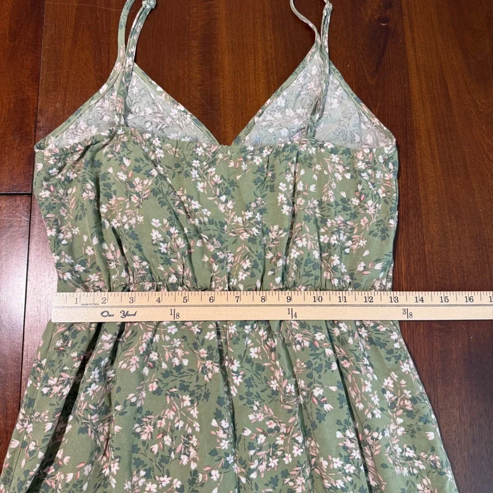 AUW Womens Floral Cottagecore Midi Dress Size M Green Ruffle Hem Spaghetti Strap - Picture 8 of 9